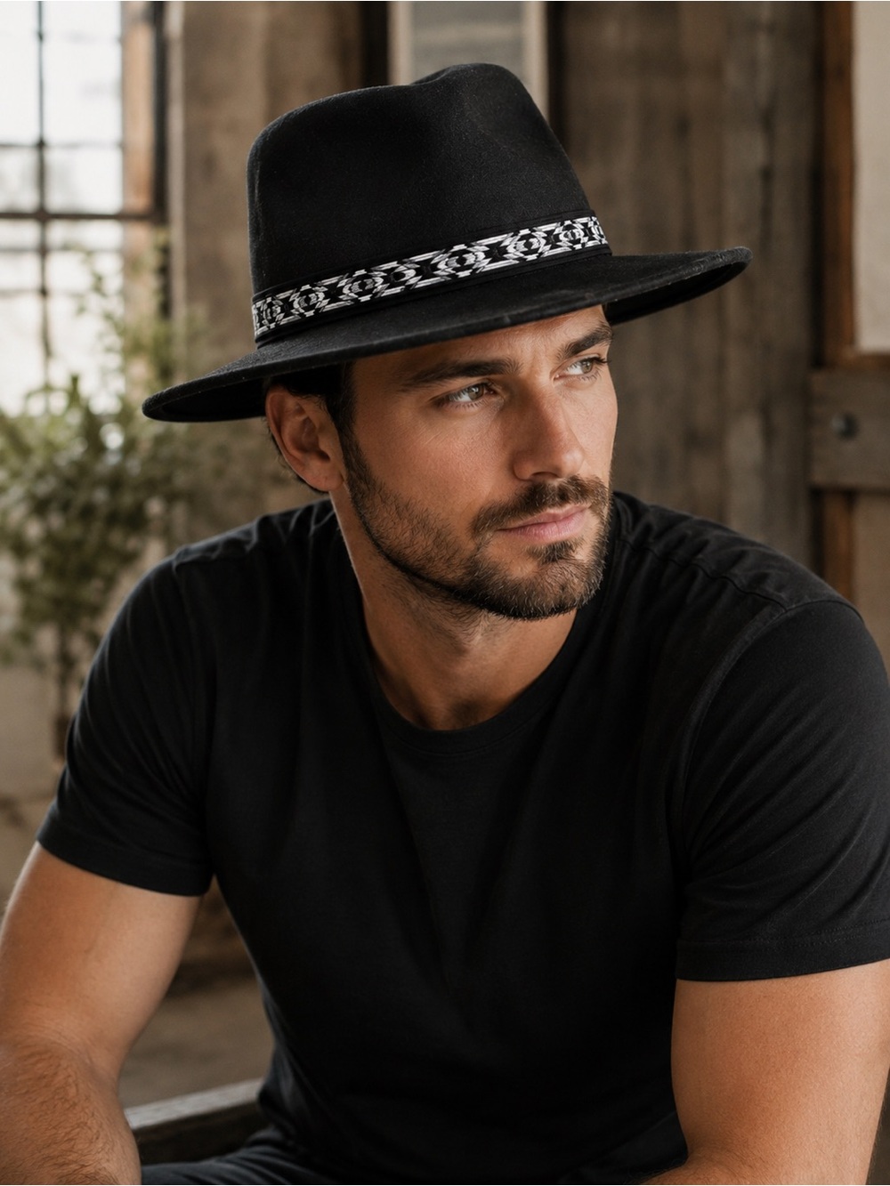 Lack Of Color Black Wool Fedora with Geometric Band